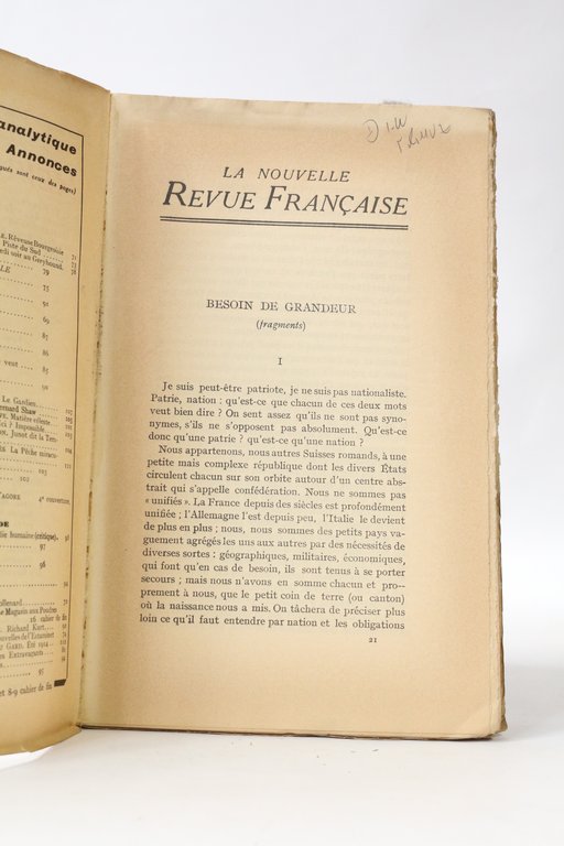 Besoin de grandeur. In La nouvelle revue française N°282 de …
