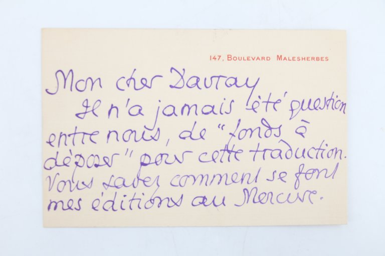 Bristol autographe signé adressé à Henri Davray à propos de …
