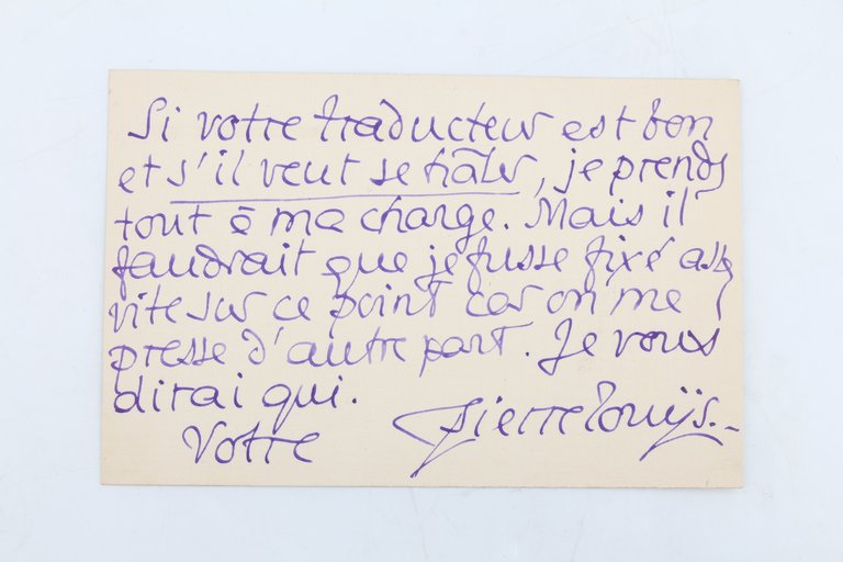 Bristol autographe signé adressé à Henri Davray à propos de …