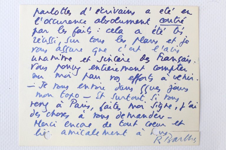 Carte autographe signée de Roland Barthes à René Wintzen
