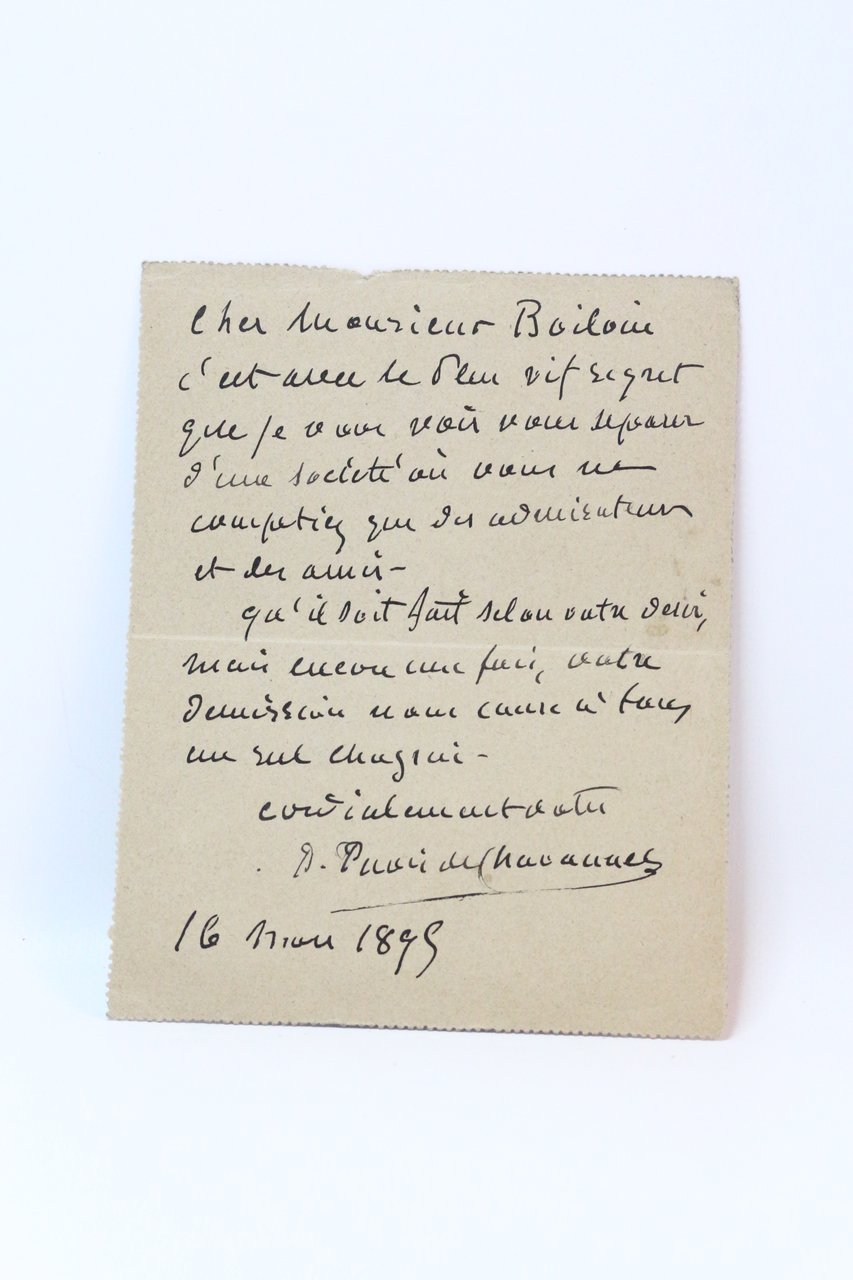 Carte-lettre autographe signée au graveur Emile Boilvin sur son départ …