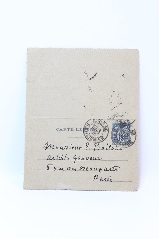 Carte-lettre autographe signée au graveur Emile Boilvin sur son départ …