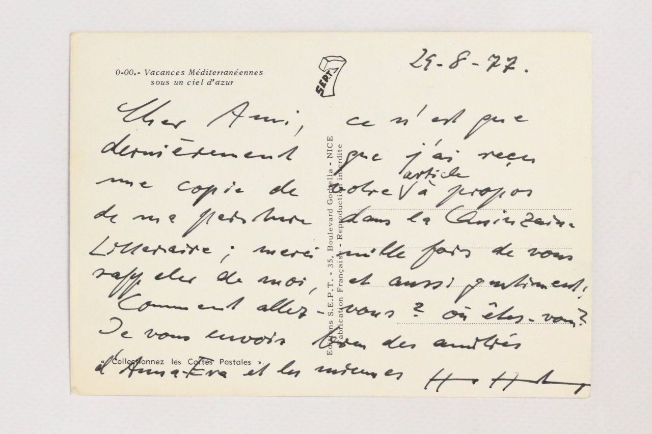 Carte postale autographe adressée à Georges Raillard