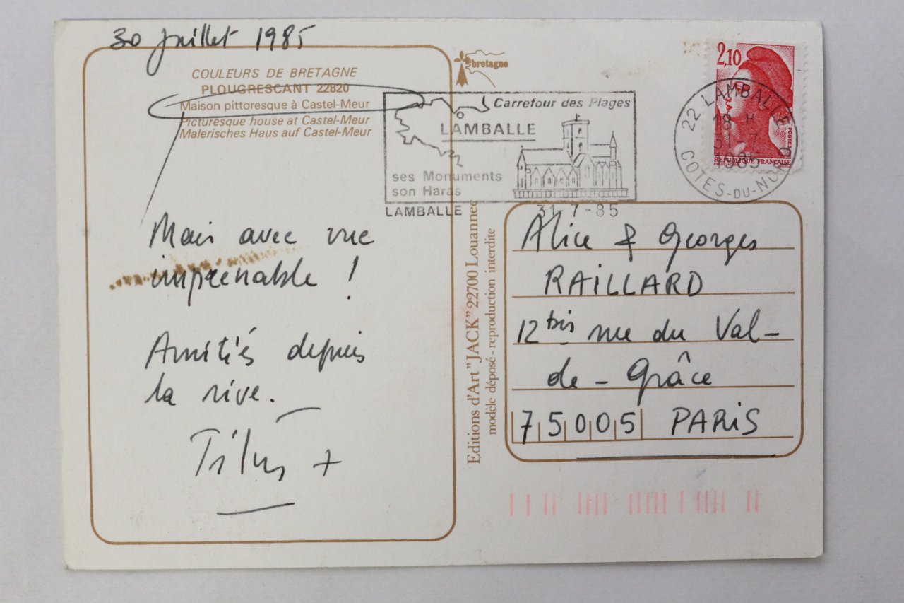 Carte postale autographe signée adressée à Georges Raillard