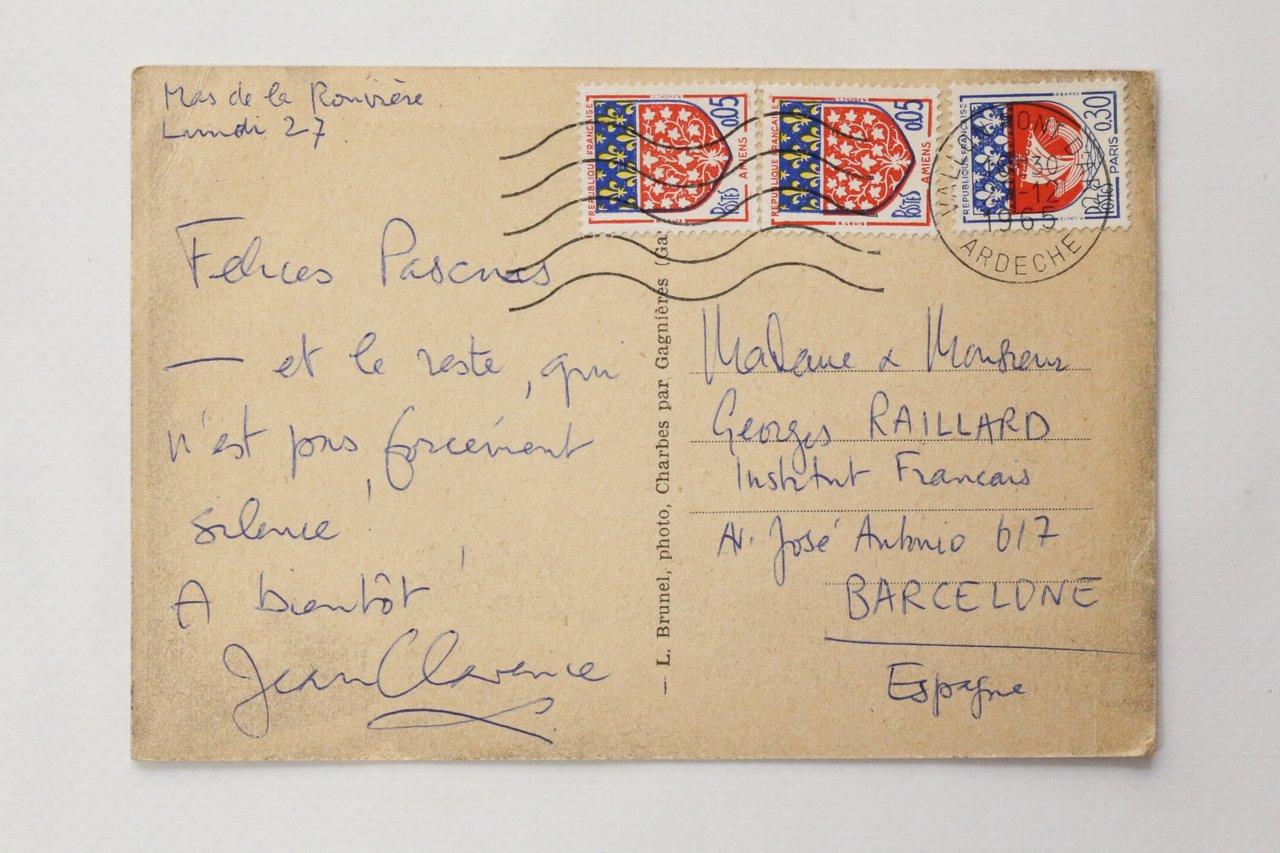 Carte postale autographe signée adressée à Georges Raillard