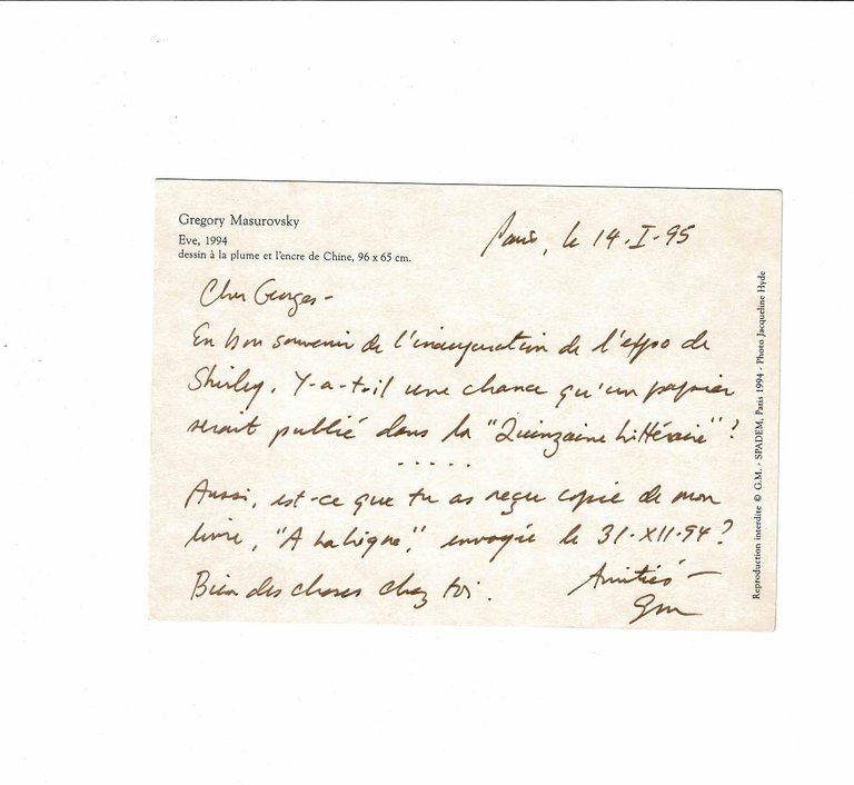 Carte postale autographe signée adressée à Georges Raillard