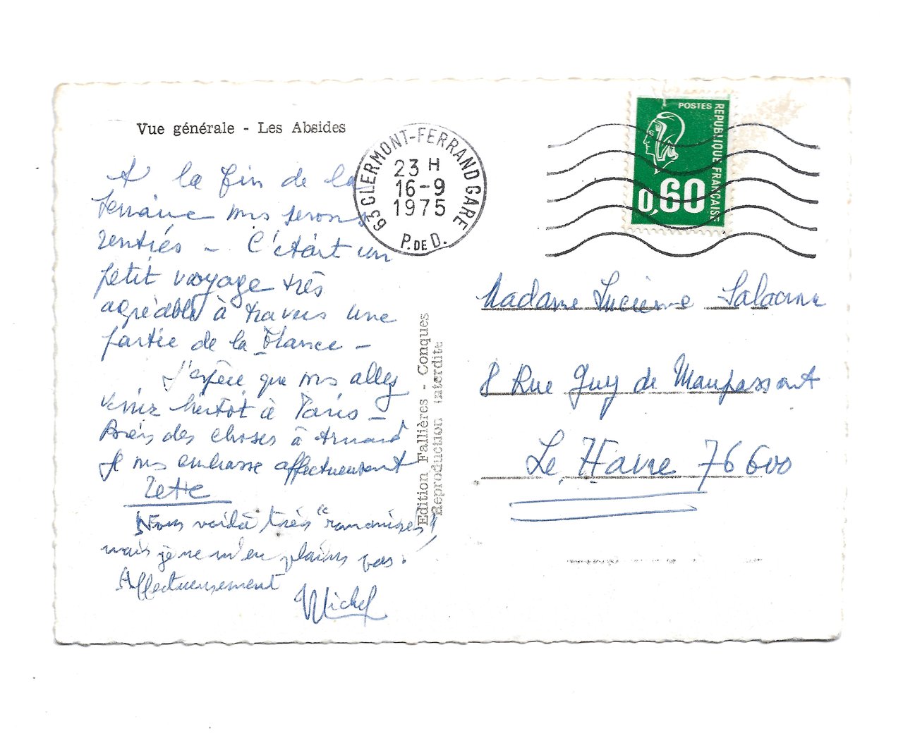 Carte postale autographe signée adressée à Lucienne Salacrou