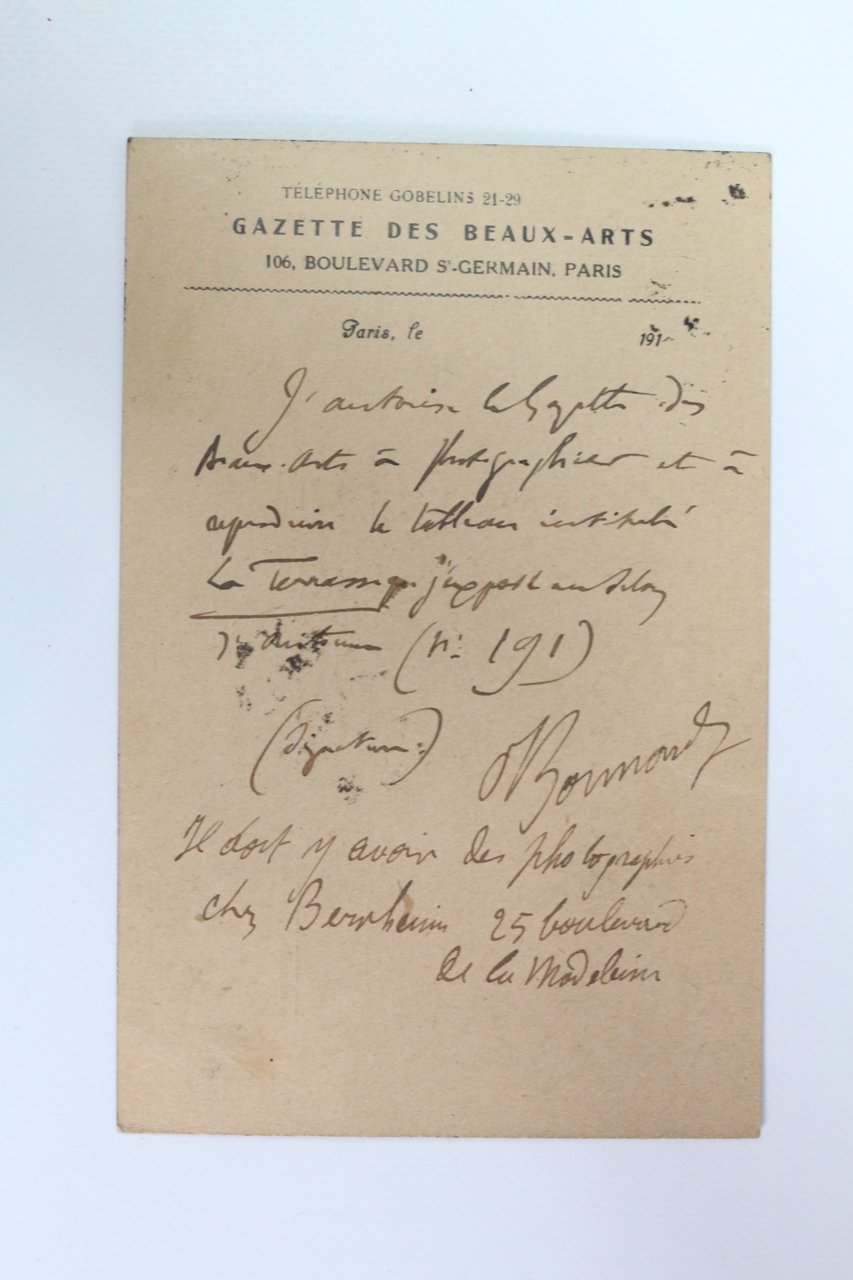 Carte postale autographe signée autorisant la Gazette des beaux-arts à …