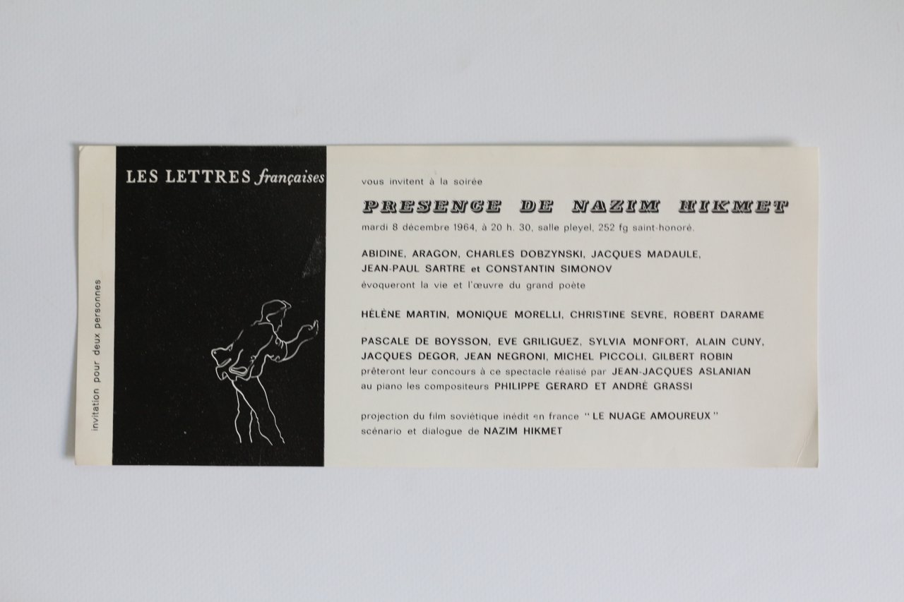 Carton d'invitation à la soirée Présence de Nazim Hikmet à …