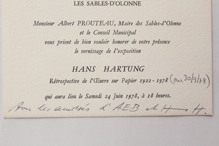 Carton d'invitation signé par Hans Hartung à l'inauguration de la …