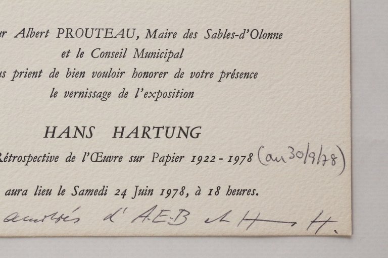 Carton d'invitation signé par Hans Hartung à l'inauguration de la …