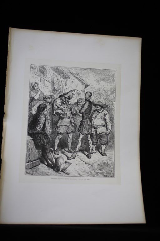 Cervantès, Don Quichotte, Celui-ci répondit pour le singe. Gravure originale …