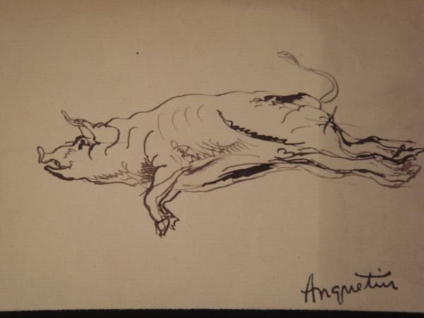 Cochon suspendu par les pieds - Encre sur papier