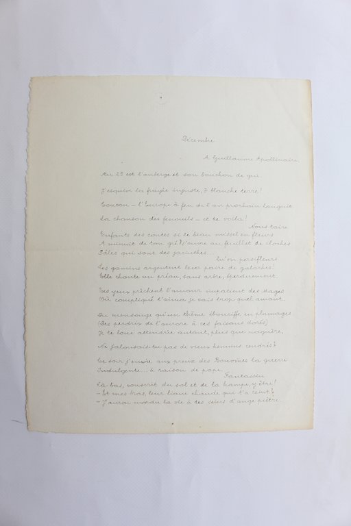Décembre : poème autographe de jeunesse dédié à Guillaume Apollinaire …