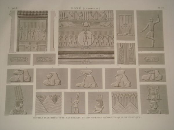 DESCRIPTION DE L'EGYPTE. Esné (Latopolis). Détails d'architecture, bas-reliefs et inscriptions …