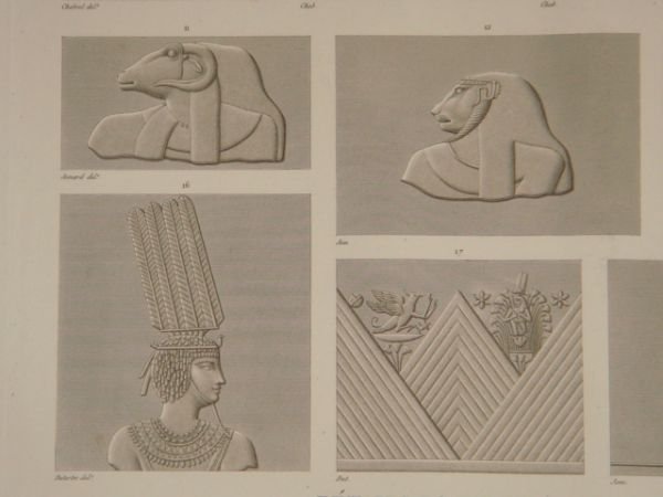 DESCRIPTION DE L'EGYPTE. Esné (Latopolis). Détails d'architecture, bas-reliefs et inscriptions …