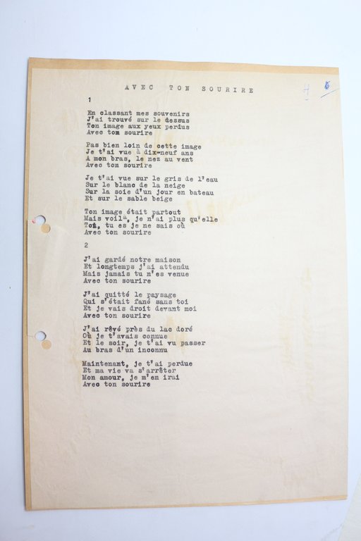 Deux tapuscrits de la chanson de Boris Vian intitulée "Avec …
