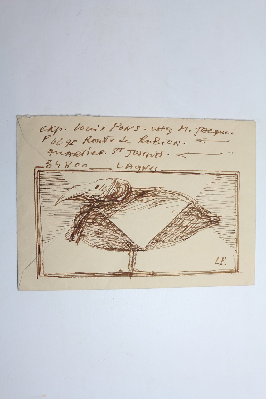 Enveloppe manuscrite envoyée à son ami Georges Raillard enrichie d'un …
