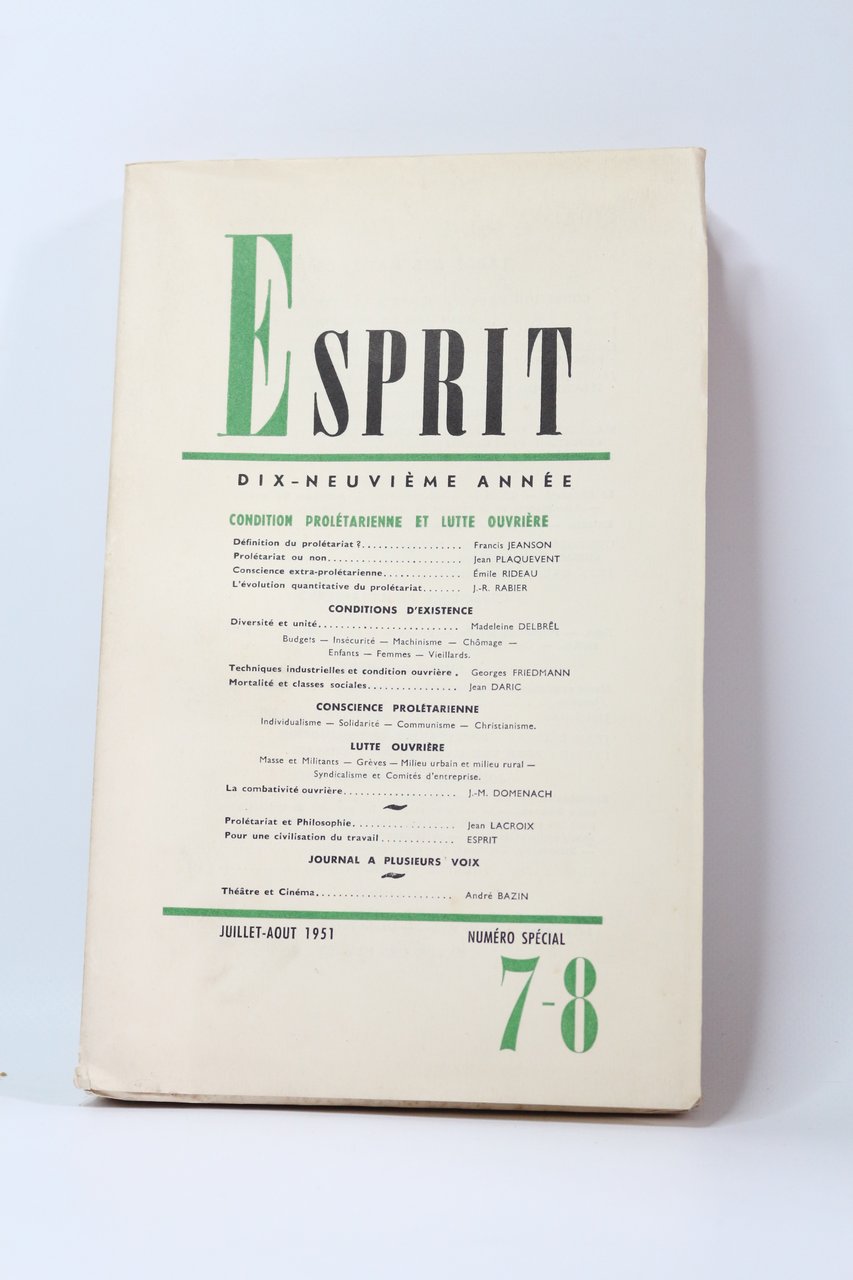 Esprit. Condition prolétarienne et lutte ouvrière. N°7-8 de la 19ème …