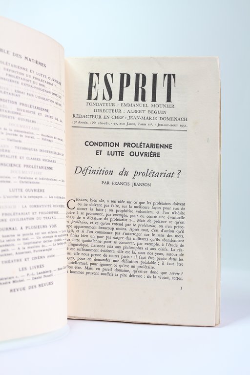Esprit. Condition prolétarienne et lutte ouvrière. N°7-8 de la 19ème …