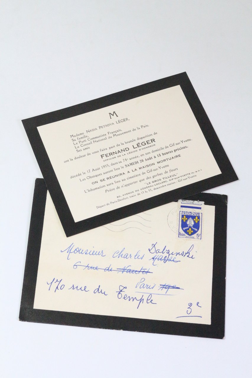 Faire-part de décès de Fernand Léger adressé, sous enveloppe, au …