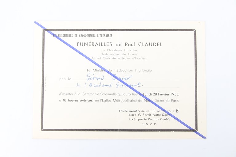 Invitation nominative aux funérailles de Paul Claudel le Lundi 28 …