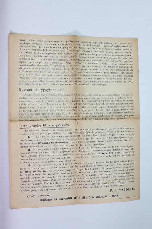 L'imagination sans fils et les mots en liberté. Manifeste futuriste