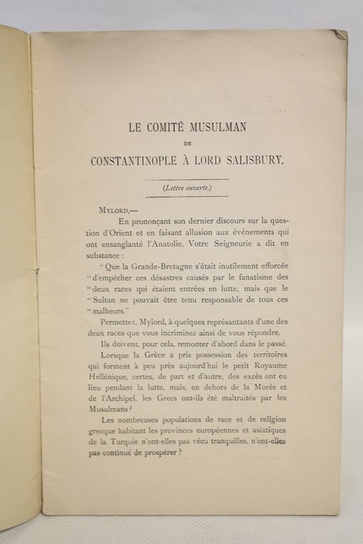 Le comité musulman de Constantinople à sa seigneurie le marquis …
