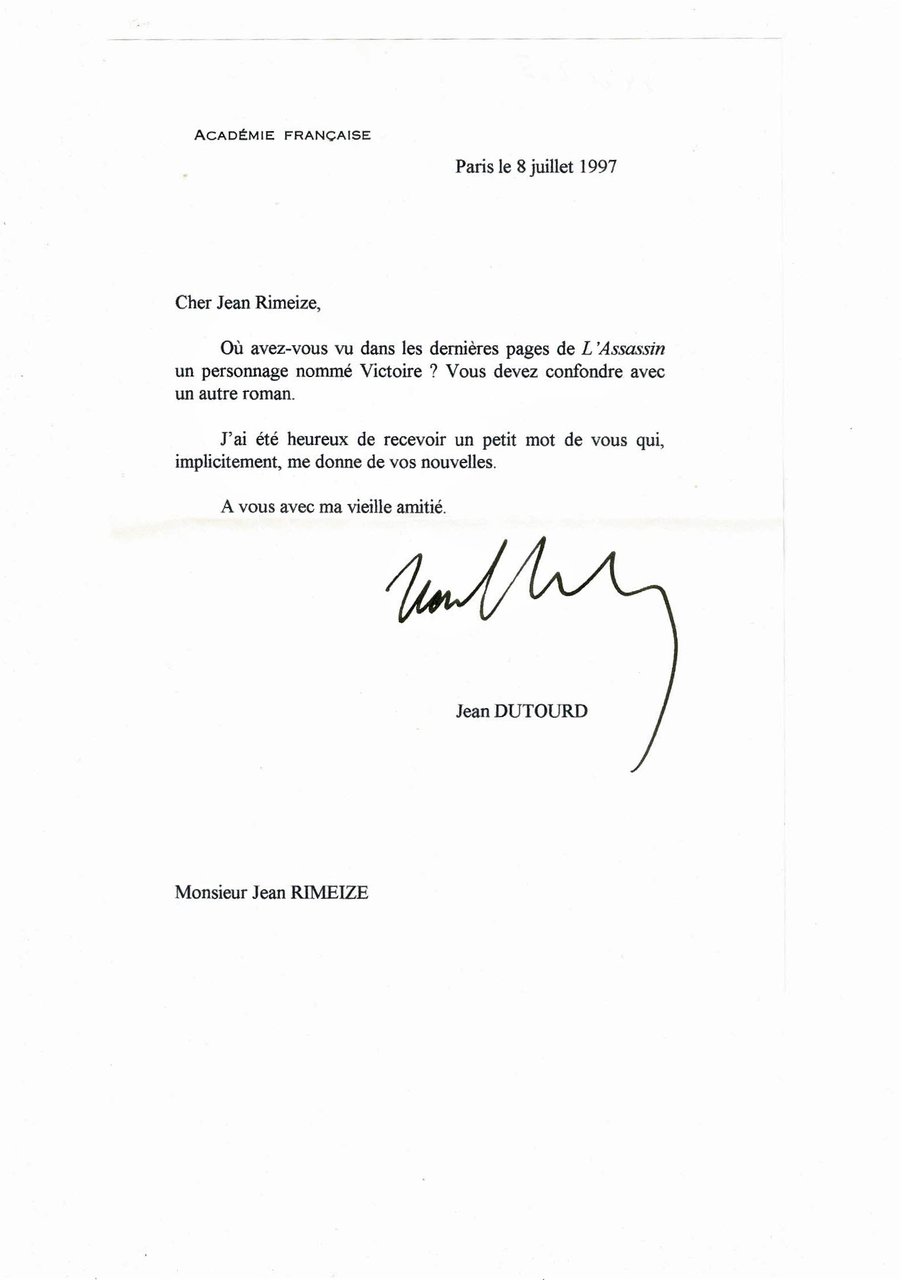 Lettre autographe dactylographiée qu'il a signée et adressée à Jean …