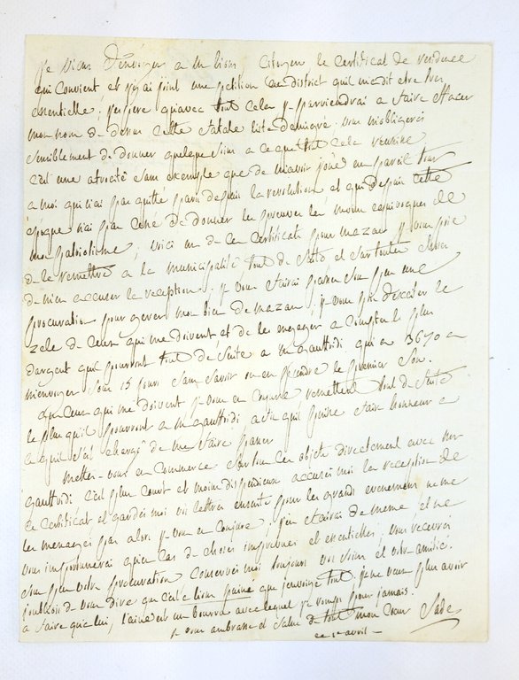 Lettre autographe inédite signée du Marquis de Sade, alors en …