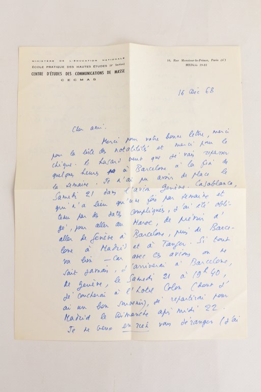 Lettre autographe signée à Georges Raillard