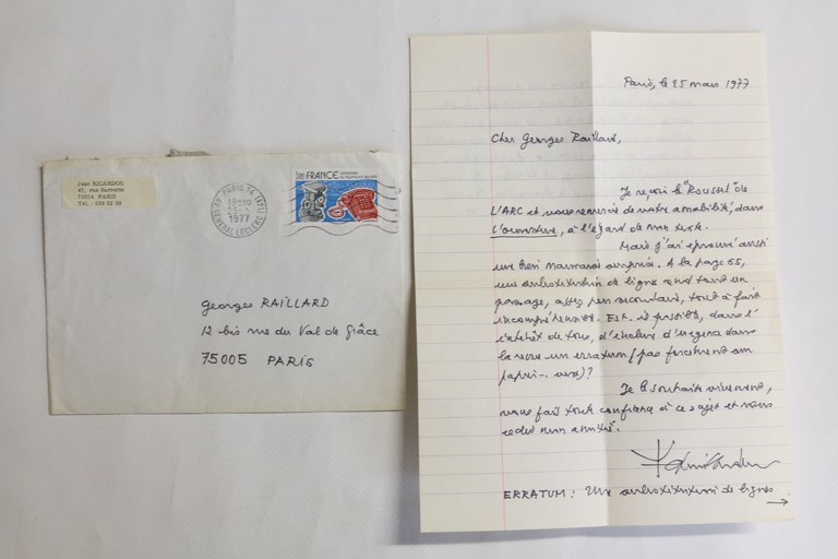 Lettre autographe signée à Georges Raillard à propos d'une erreur …