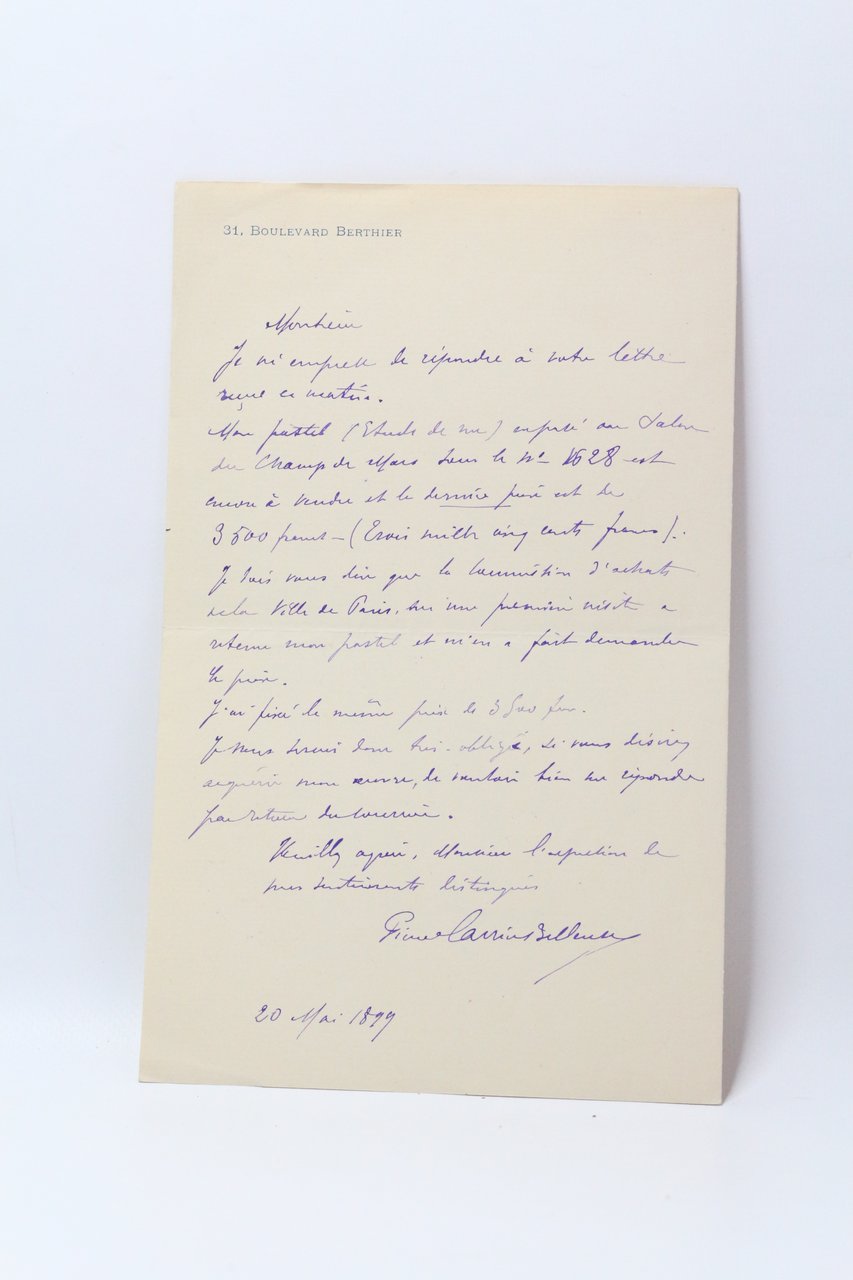 Lettre autographe signée à propos d'un pastel intitulé Etude de …