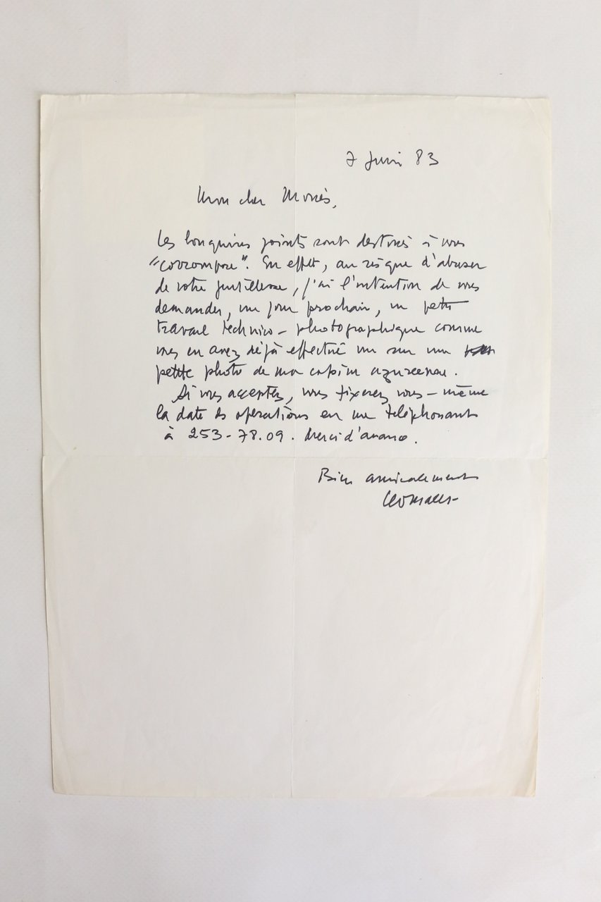 Lettre autographe signée à son photographe et ami Bruno de …