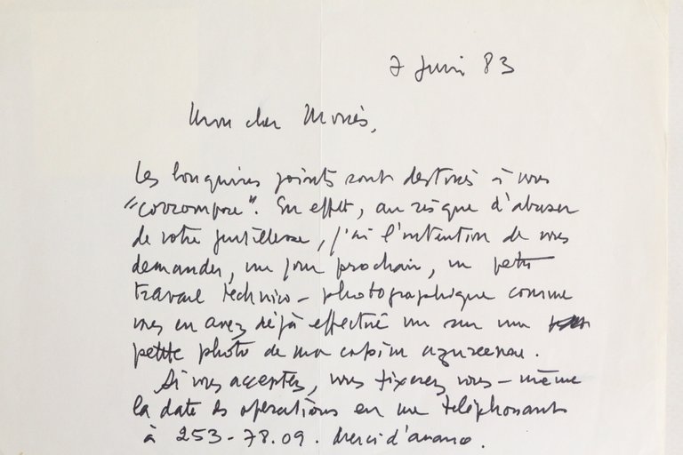 Lettre autographe signée à son photographe et ami Bruno de …