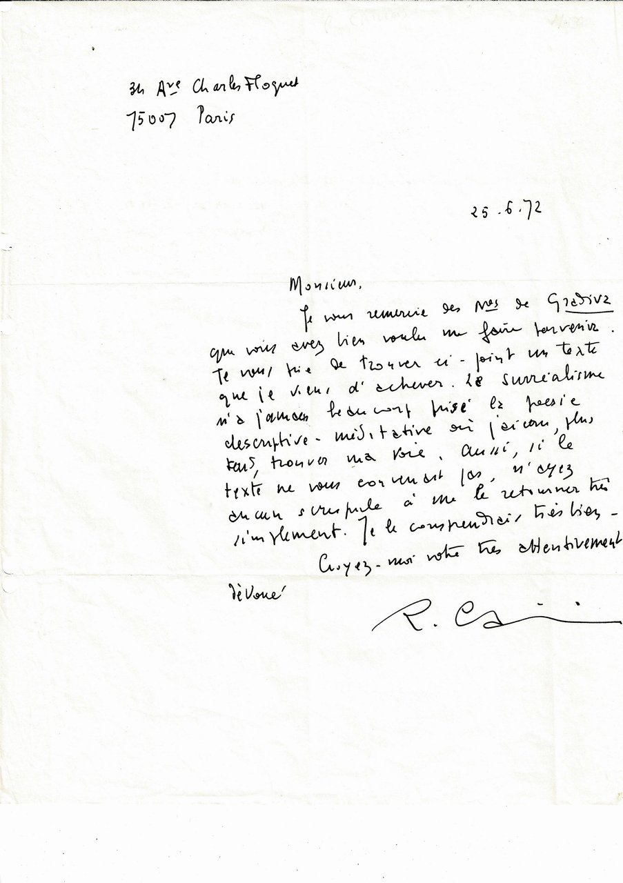 Lettre autographe signée adressée à Arnost Budik