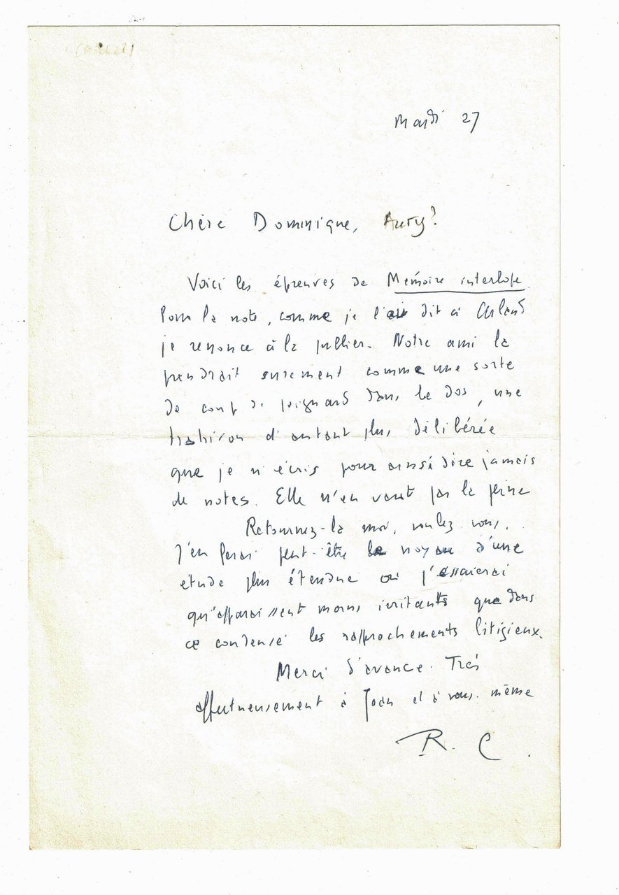 Lettre autographe signée adressée à Dominique Aury
