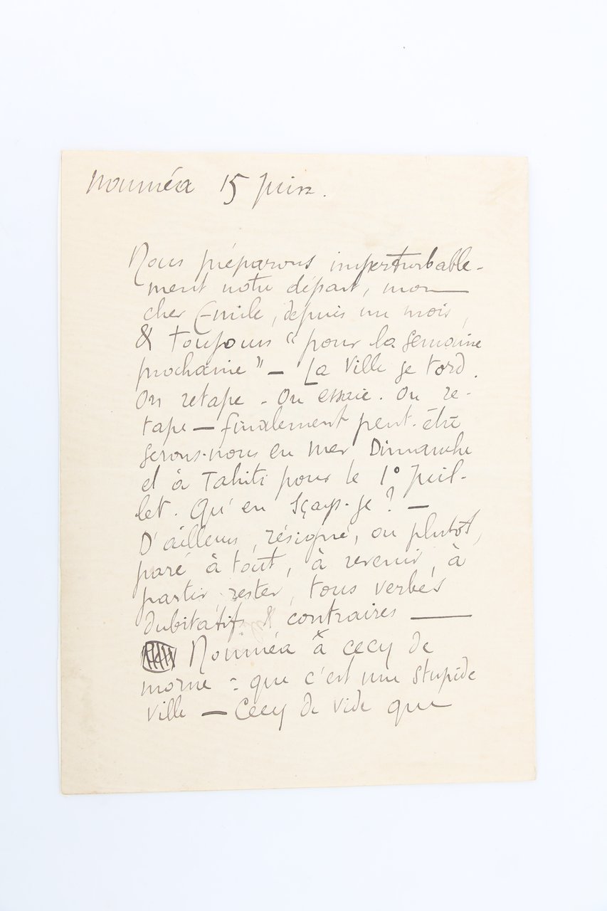 Lettre autographe signée adressée à Emile Mignard : Nouméa a …