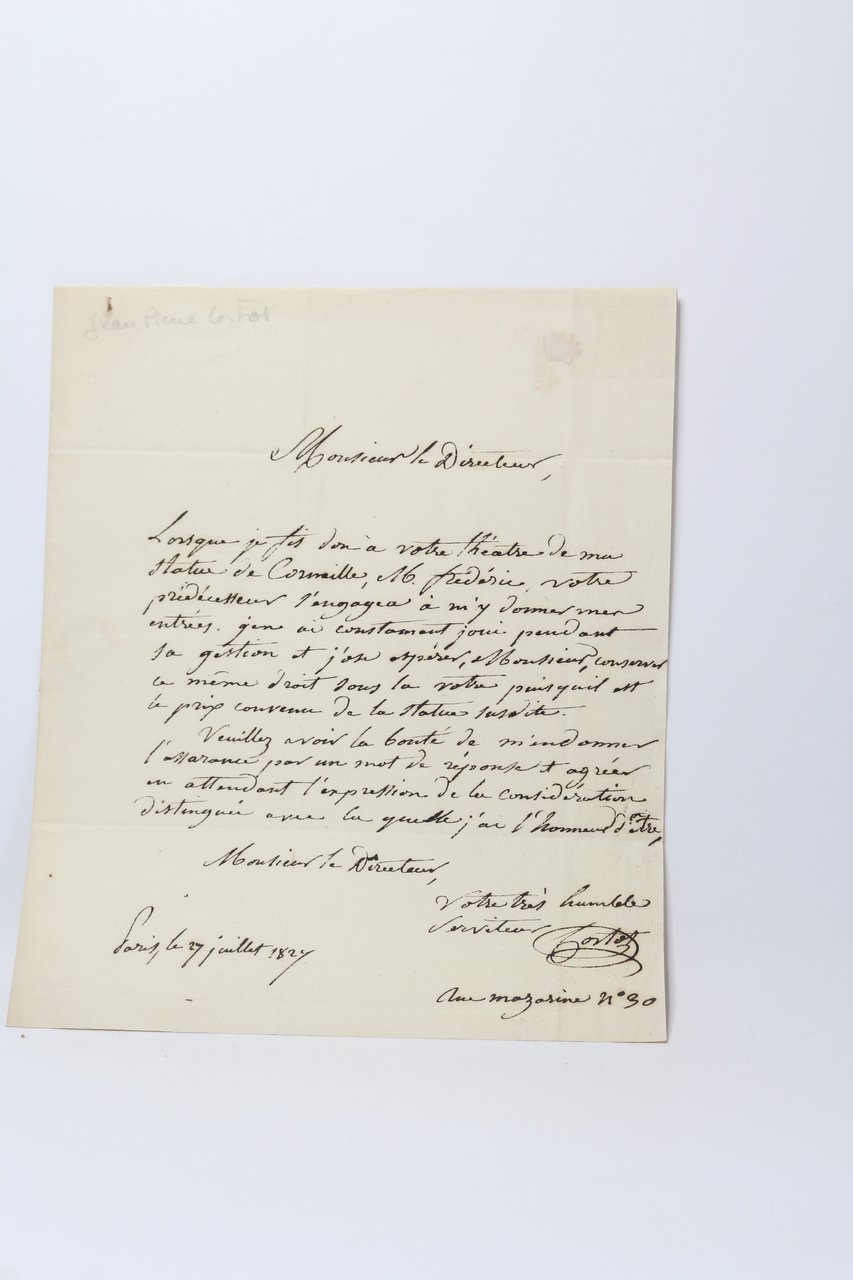 Lettre autographe signée au directeur du théâtre du Palais-Royal