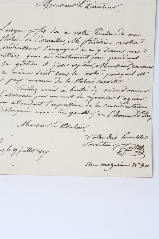Lettre autographe signée au directeur du théâtre du Palais-Royal