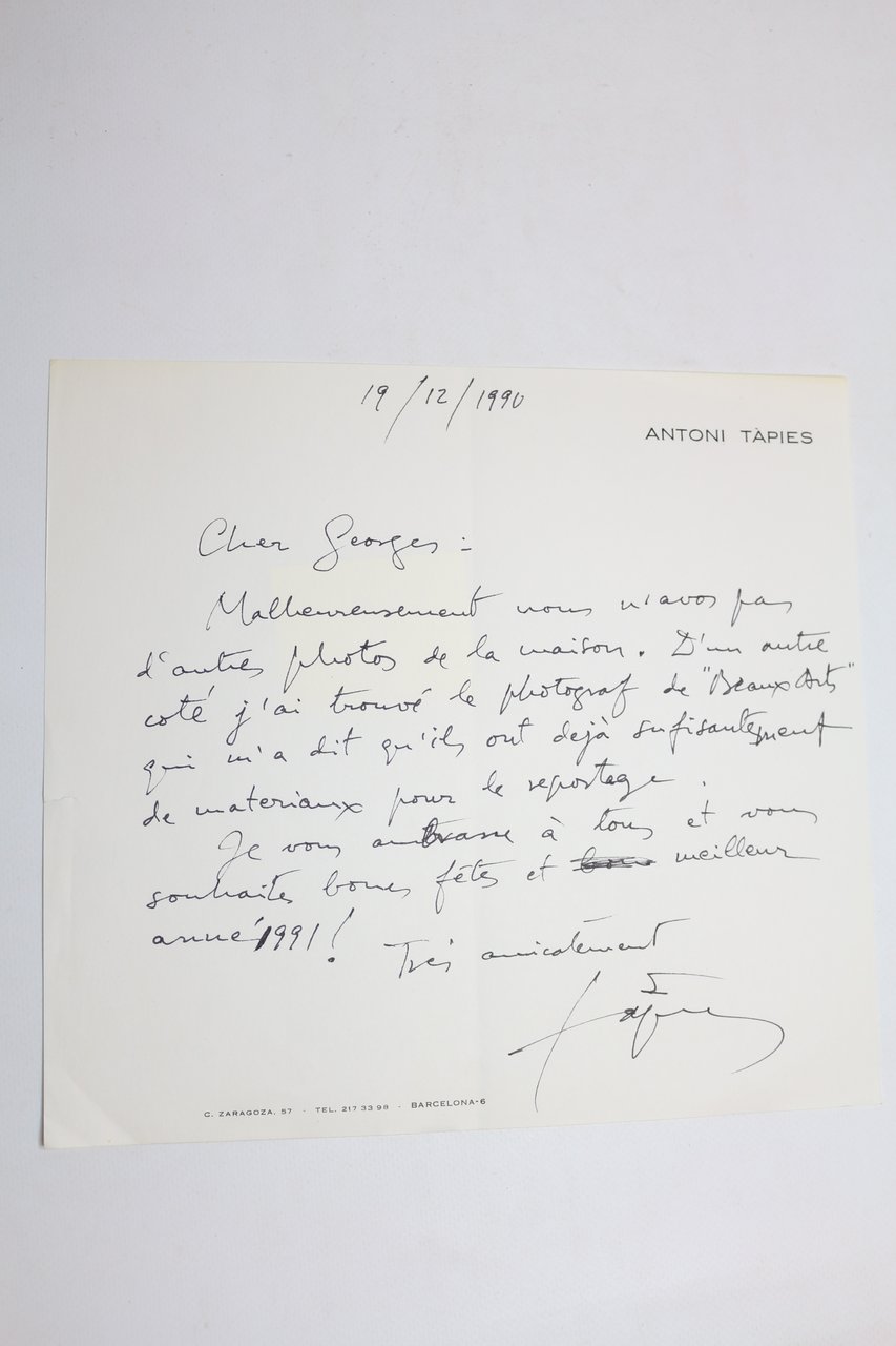 Lettre autographe signée d'Antoni Tàpies à Georges Raillard : "j'ai …