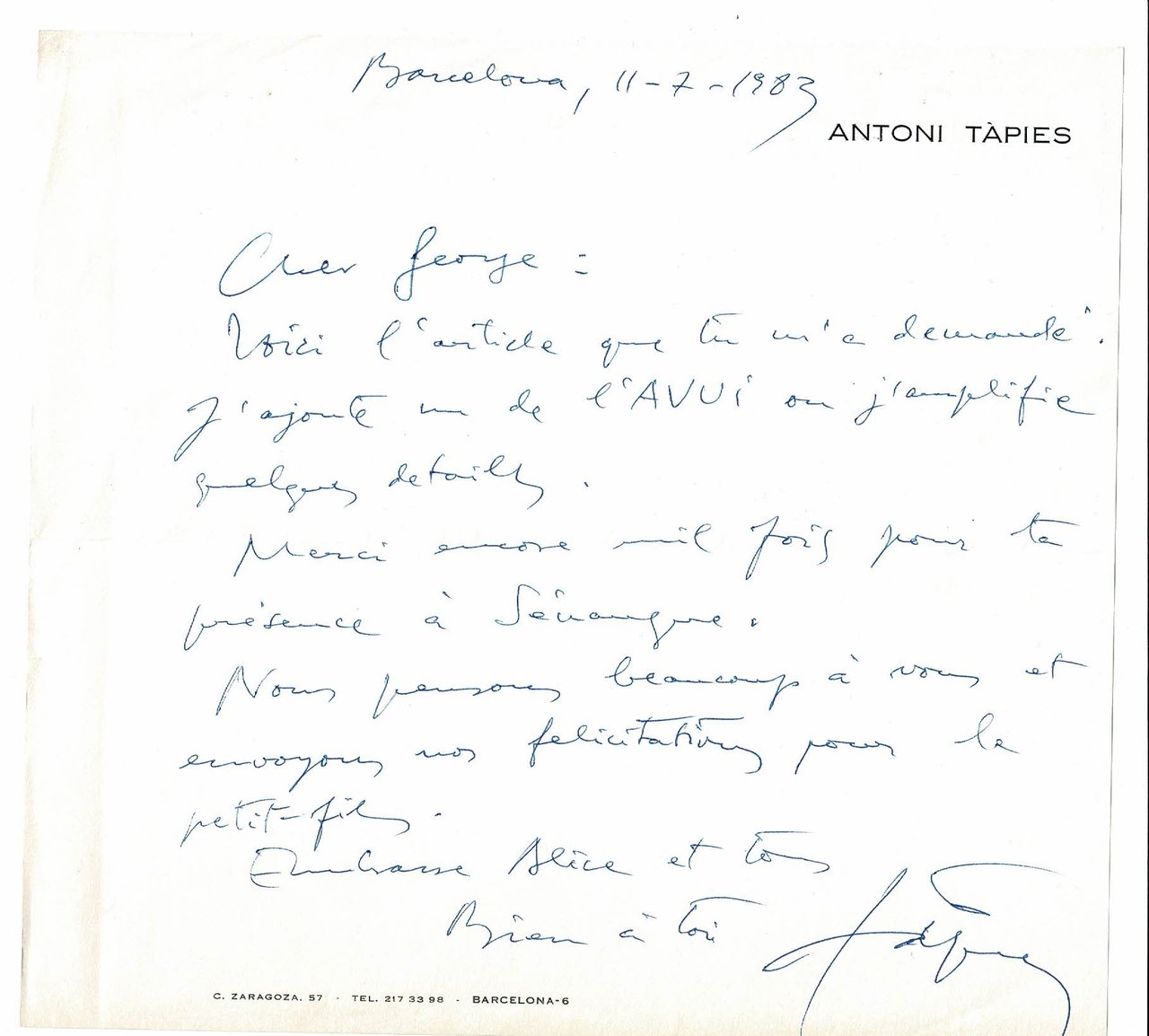 Lettre autographe signée d'Antoni Tàpies à Georges Raillard : "Voici …