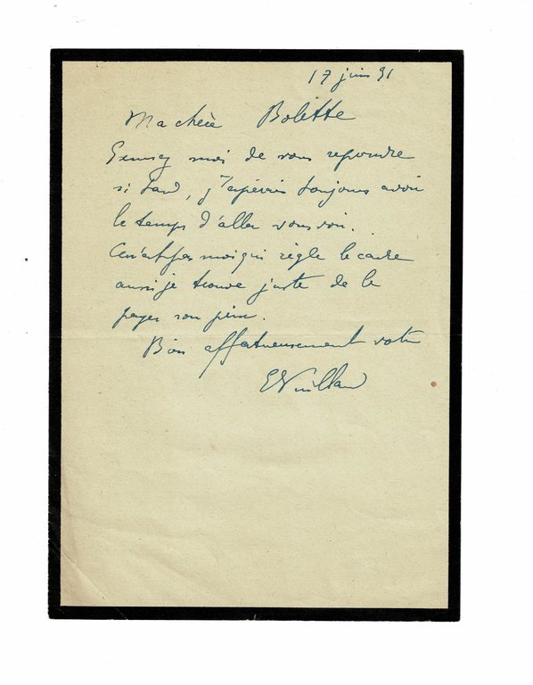 Lettre autographe signée d'Edouard Vuillard adressée à Bolette Natanson
