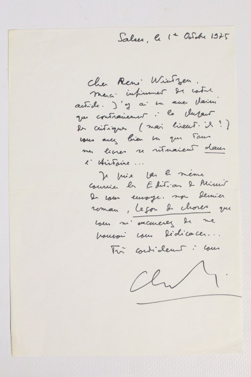 Lettre autographe signée de Claude Simon à René Wintzen