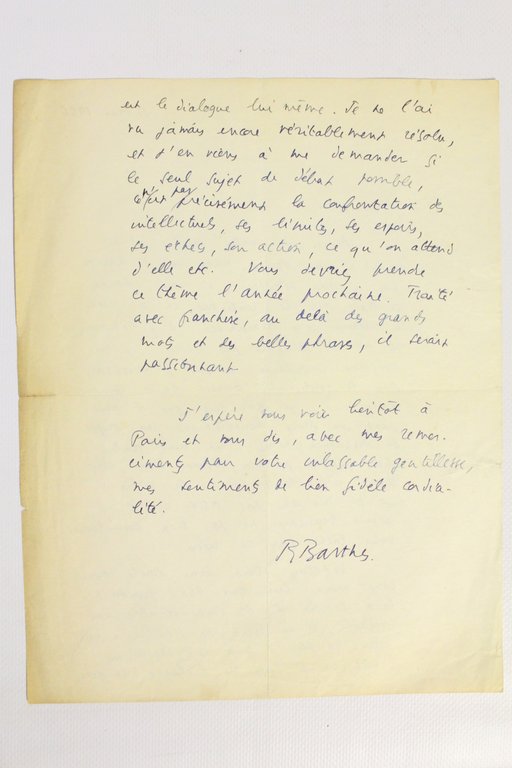 Lettre autographe signée de Roland Barthes à René Wintzen