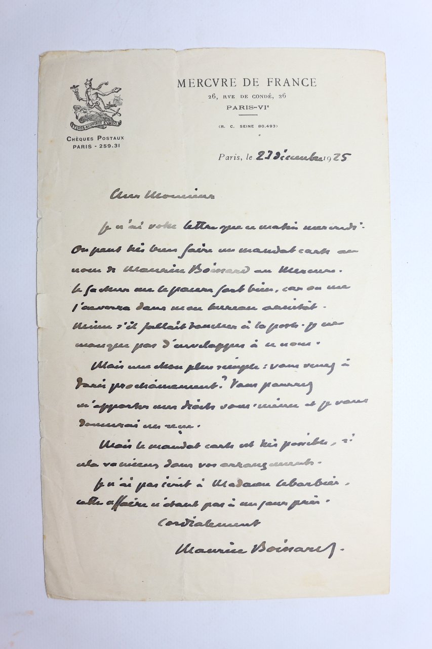 Lettre autographe signée Maurice Boissard, pseudonyme de Paul Léautaud, adressée …