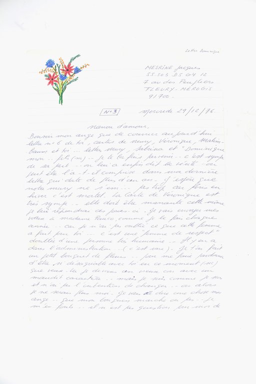 Lettre d'amour autographe datée et signée de Jacques Mesrine écrite …