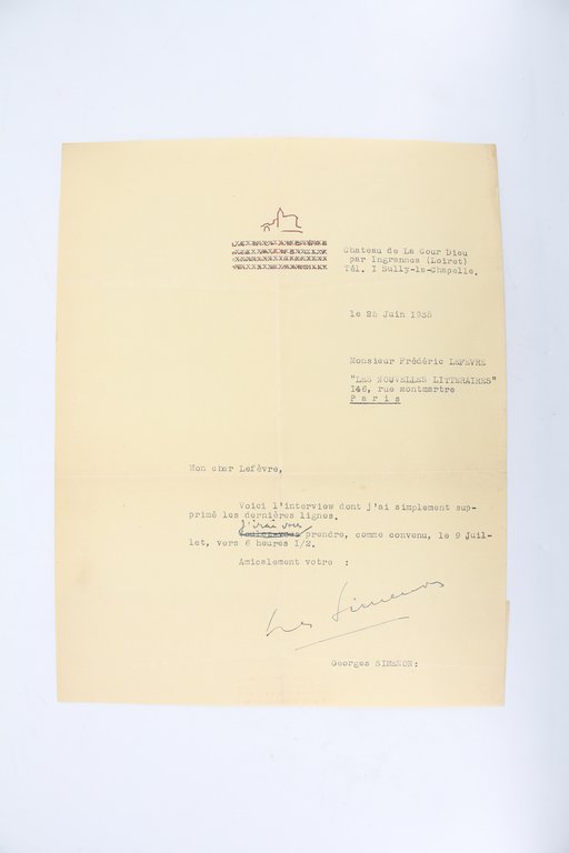 Lettre dactylographiée et signée par Georges Simenon adressée à Frédéric …