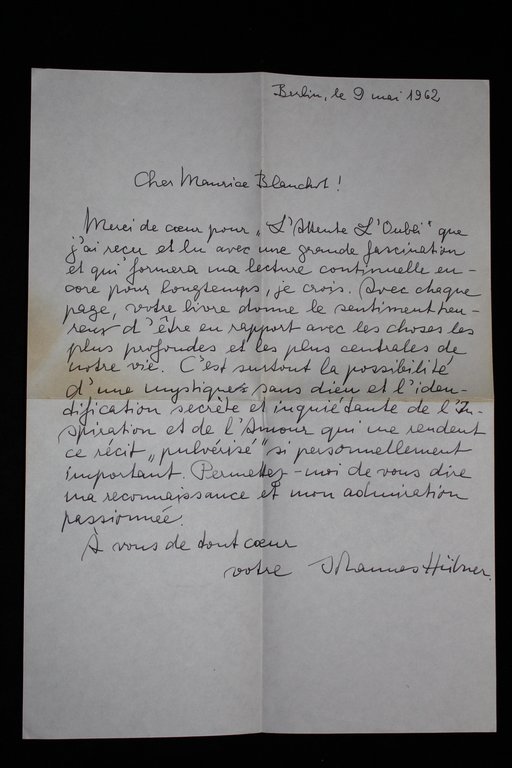 Lettre manuscrite adressée à Maurice Blanchot et enveloppe