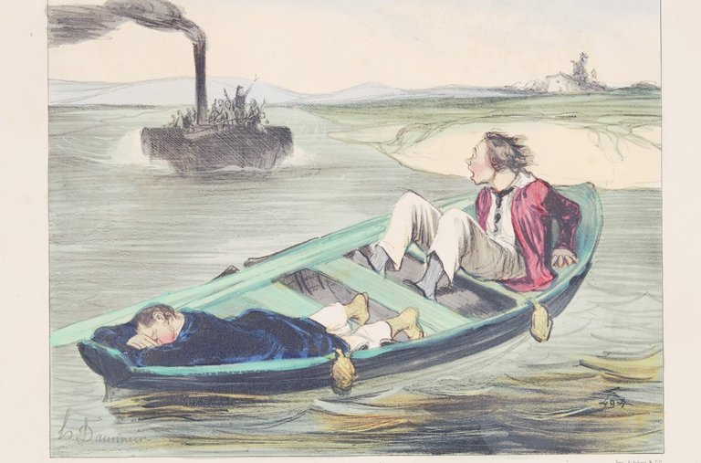 Lithographie originale en couleurs - Les canotiers Parisiens - Une …